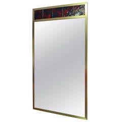 Vintage Brass Framed Mirror with Ceramic Tile Inlay