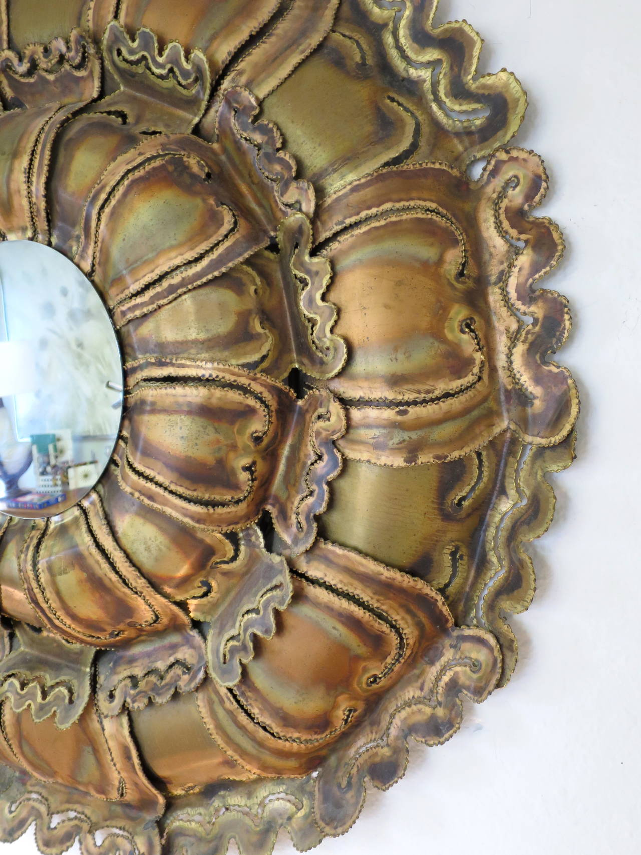 Welded Torch Cut Brass Brutalist Sunburst Wall Mirror For Sale