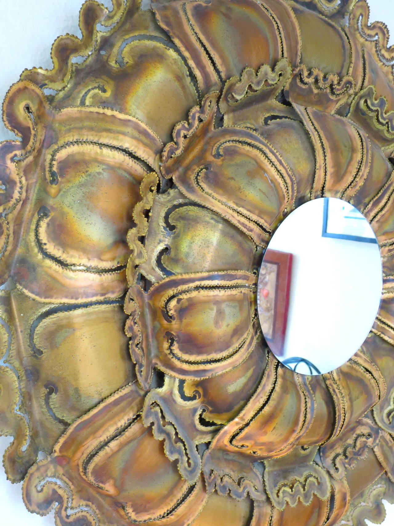 American Torch Cut Brass Brutalist Sunburst Wall Mirror For Sale