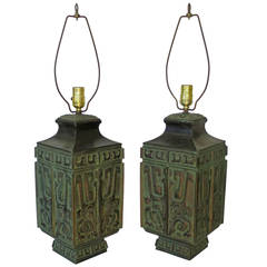 Pair of Asian Bronze Lamps in the Style of James Mont