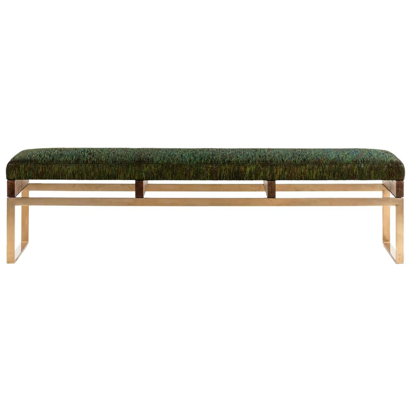 Maxim Bench with Bronze and Walnut Base, Woven Peacock Fabric Seat, COM or COL