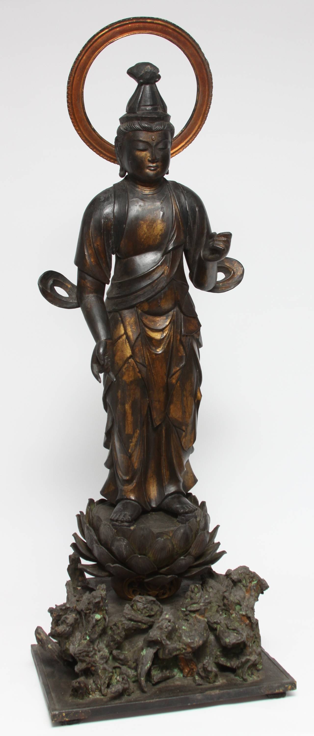 Japanese Gilt and Lacquer Carved Wood Kannon 'Bodhisattva' For Sale at