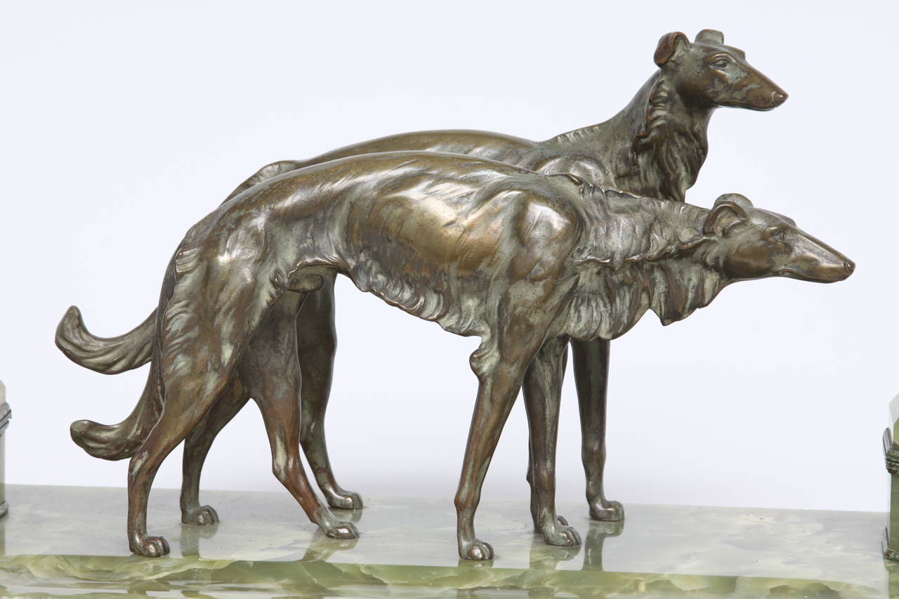 Art Deco French Bronze and Onyx Inkstand with a Pair of Borzoi For Sale