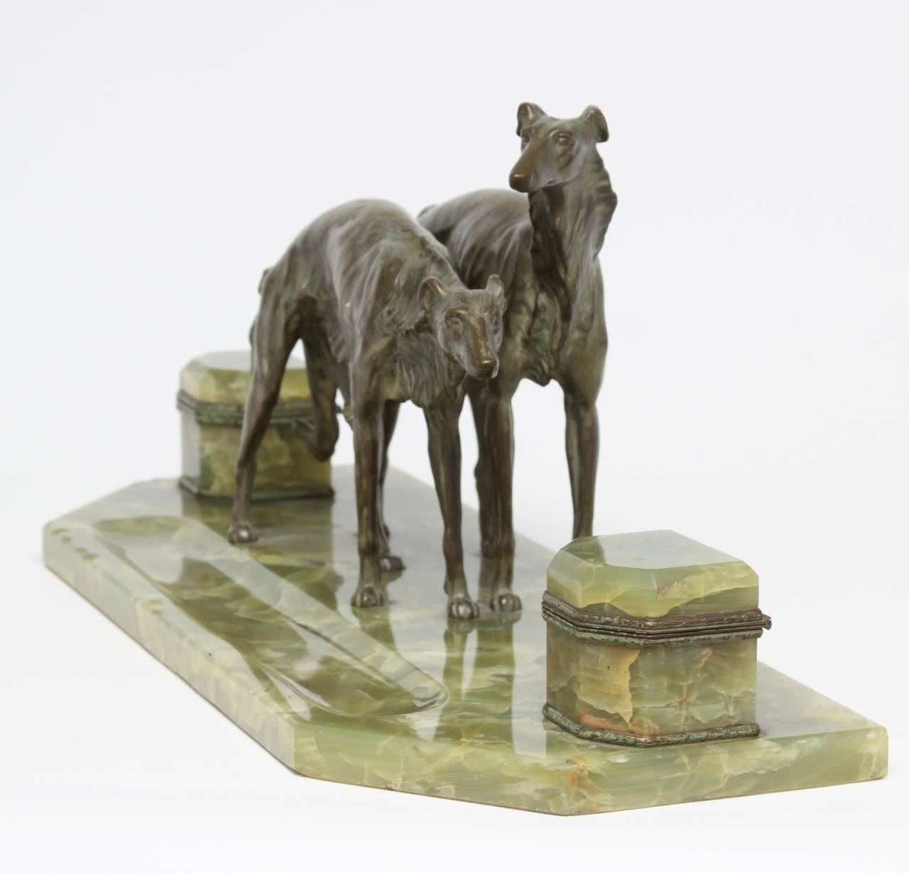 Carved French Bronze and Onyx Inkstand with a Pair of Borzoi For Sale
