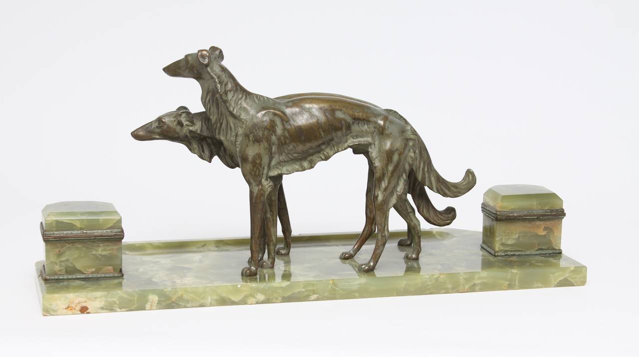 French Bronze and Onyx Inkstand with a Pair of Borzoi In Good Condition For Sale In Cleveland, OH