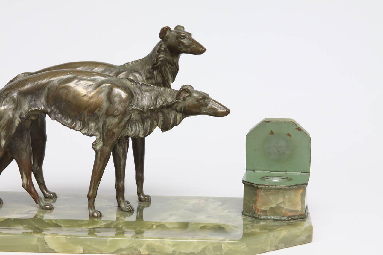 20th Century French Bronze and Onyx Inkstand with a Pair of Borzoi For Sale