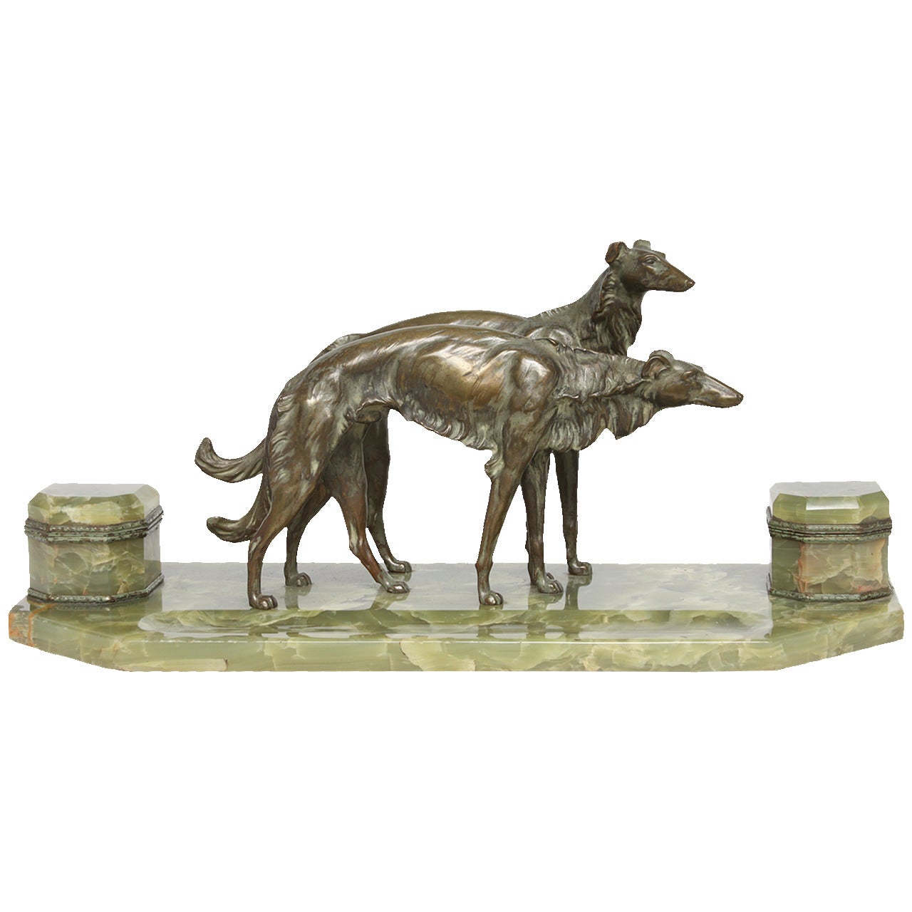 French Bronze and Onyx Inkstand with a Pair of Borzoi For Sale