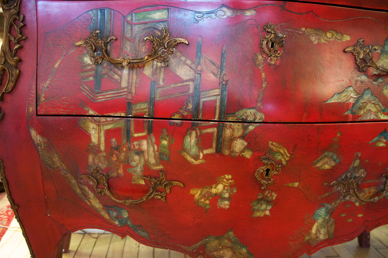 19th Century French Red Lacquered Bombe Commode in Louis XV Style For Sale