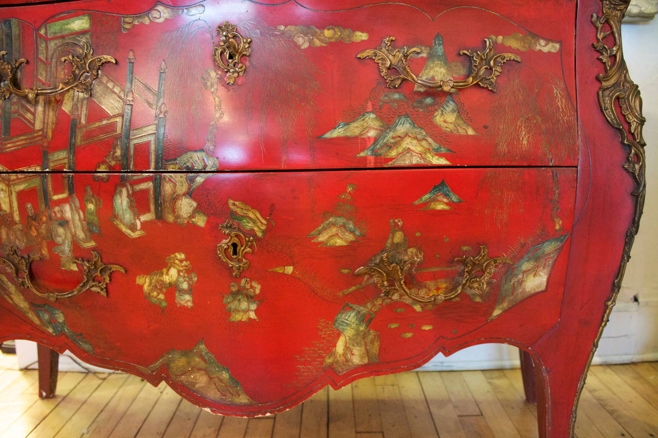 Wood French Red Lacquered Bombe Commode in Louis XV Style For Sale