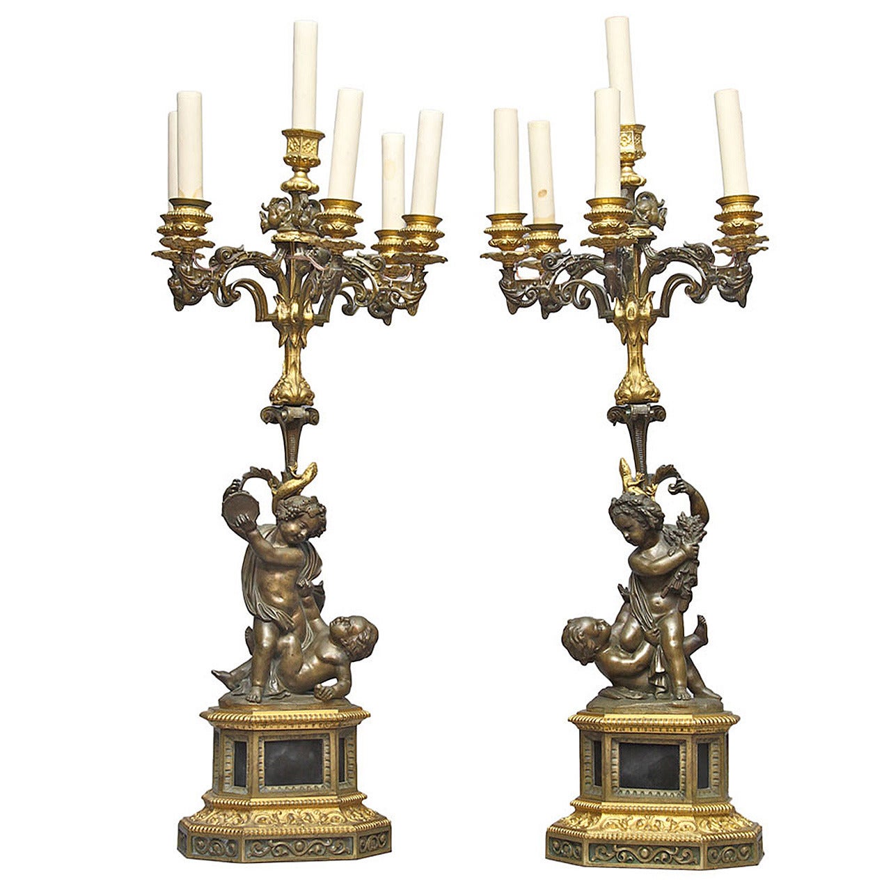 Pair of Bronze and Gilt Bronze Figural Candelabra, 19th Century For Sale