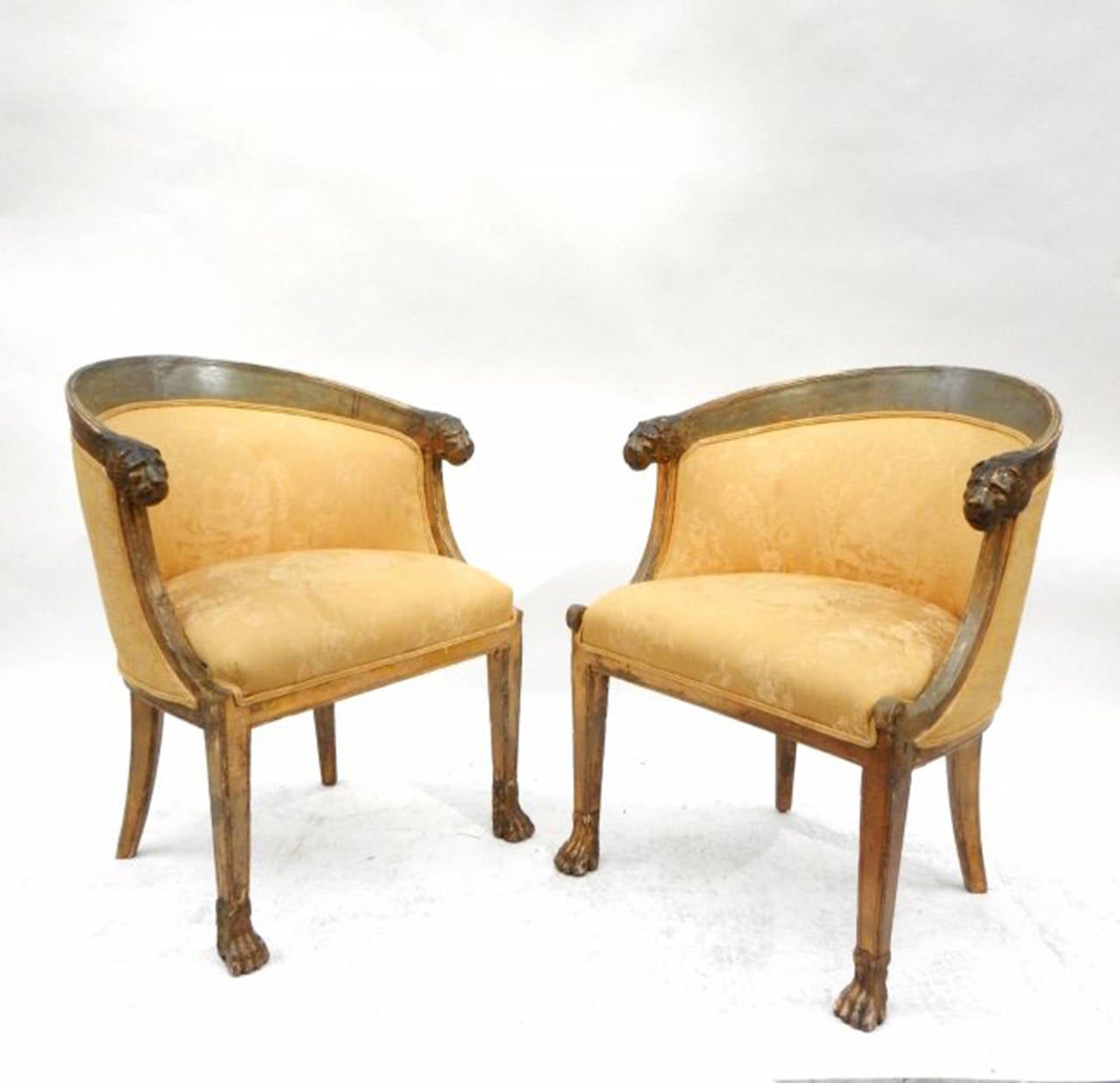 Pair of Italian Neoclassical Green Painted Upholstered Armchairs In Distressed Condition In Cleveland, OH