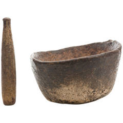 18th Century Native American Burl Mortar and Stone Pestle 12