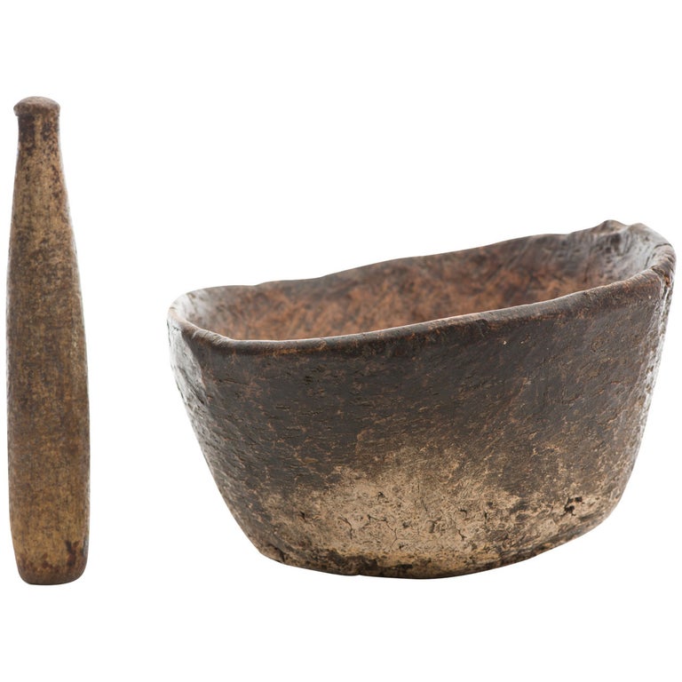 18th Century Native American Burl Mortar and Stone Pestle at 1stDibs
