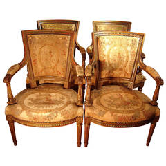 Set of Four Louis XVI Period Armchairs in Gilt Wood Attributed to BOULARD J.B