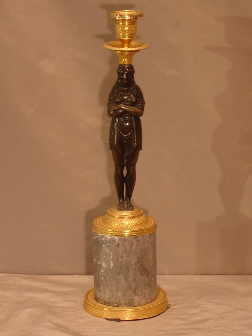 Empire Pair of Candleholders "Retour d'Egypte" in Bronze Doré and Bronze Patine