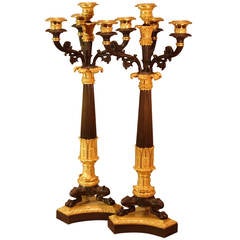 Pair of Bourbon Restoration Period Gilded and Patinated Bronze Candelabras