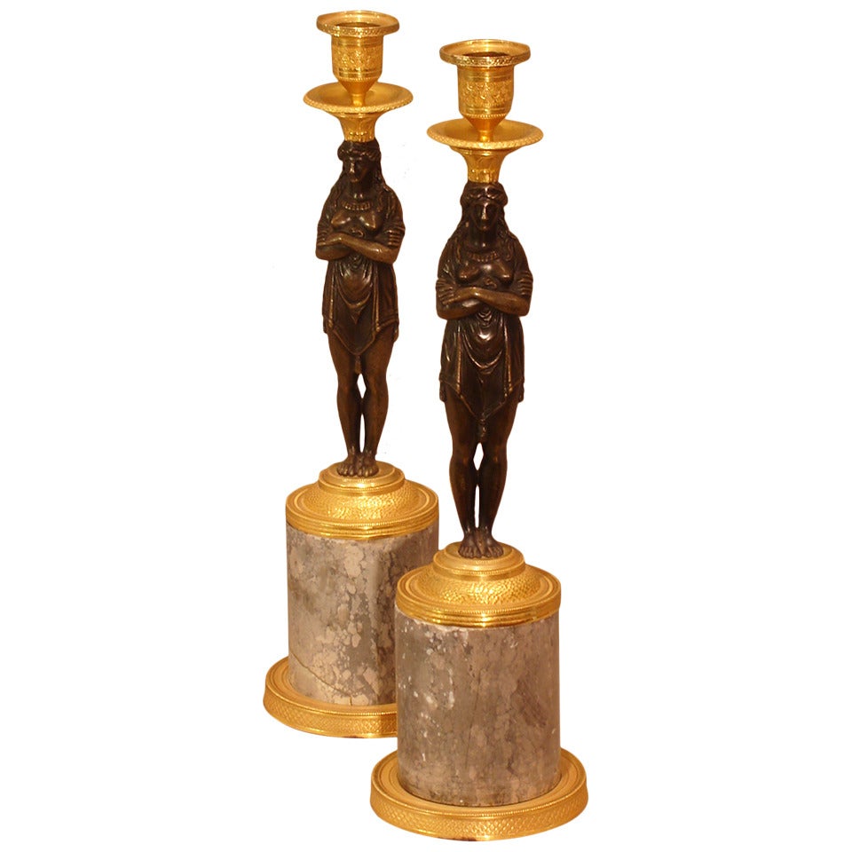 Empire Pair of Candleholders "Retour d'Egypte" in Bronze Doré and Bronze Patine For Sale