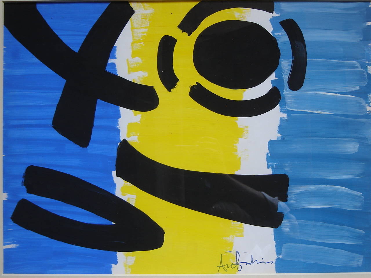Blue, yellow and black gouache composition by Ange Falchi, incredible 20th artist (1913-1997). See attached photos with biography.