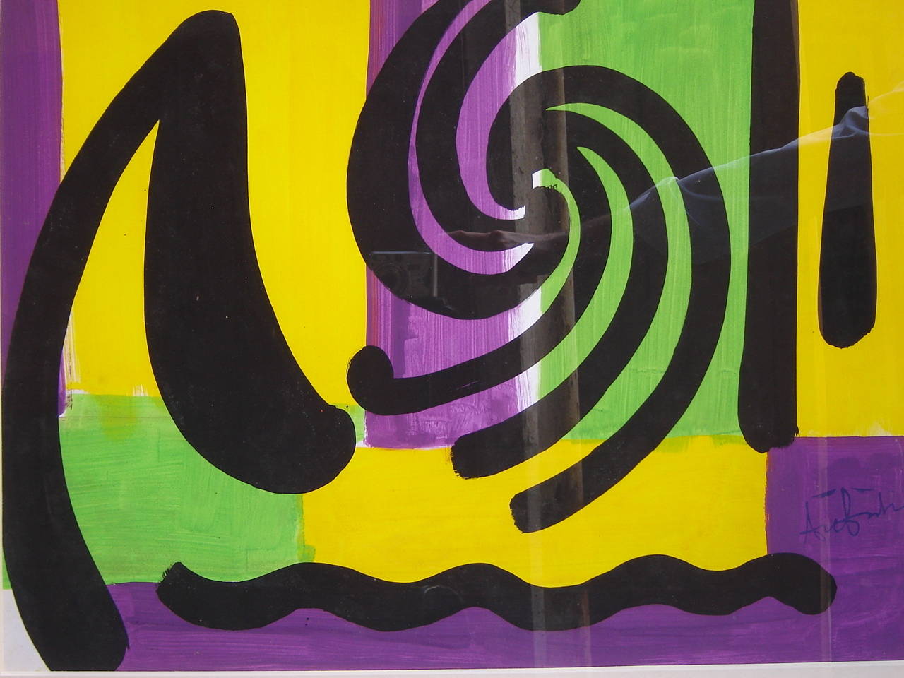 Purple, green, yellow and black gouache composition by Ange Falchi, incredible 20th artist (1913-1997). See attached photos with biography.