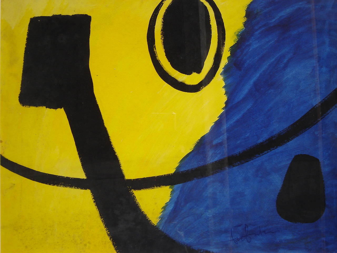 Blue, yellow and black gouache composition by Ange Falchi, incredible 20th artist (1913-1997). See attached photos with biography.