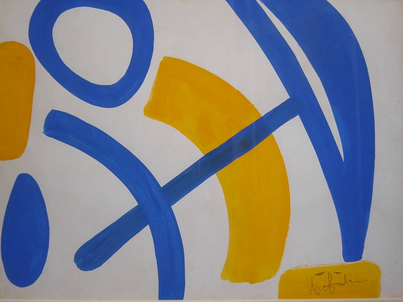 Blue and yellow gouache composition by Ange Falchi, incredible 20th artist (1913-1997). See attached photos with biography.