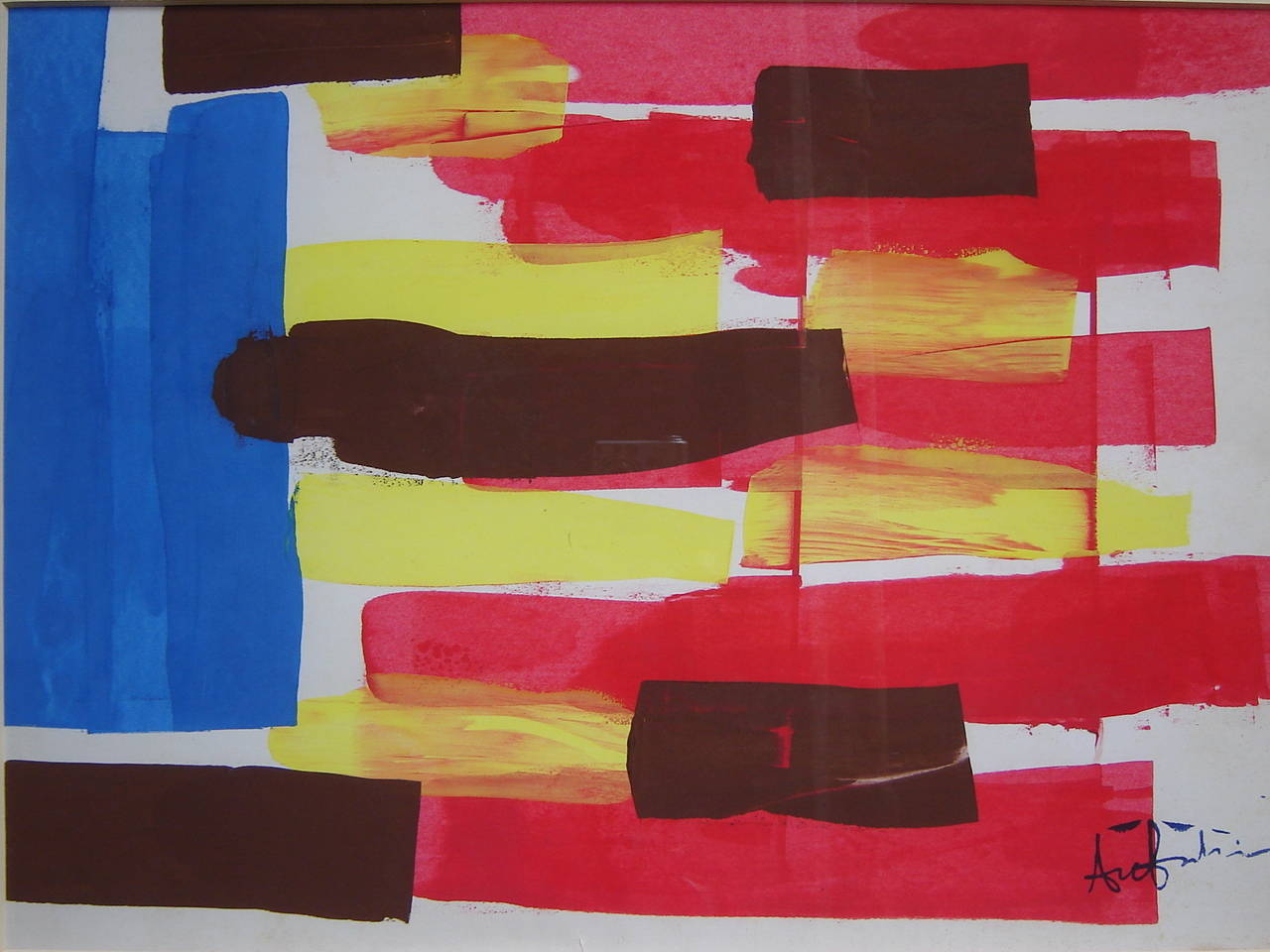 Blue, red, yellow, and brown gouache composition by Ange Falchi, incredible 20th artist (1913-1997).
Ange Falchi was a painter and sculptor from the Nice school.
He was born in Vence in the Alpes Maritimes in France.
He graduated from the School