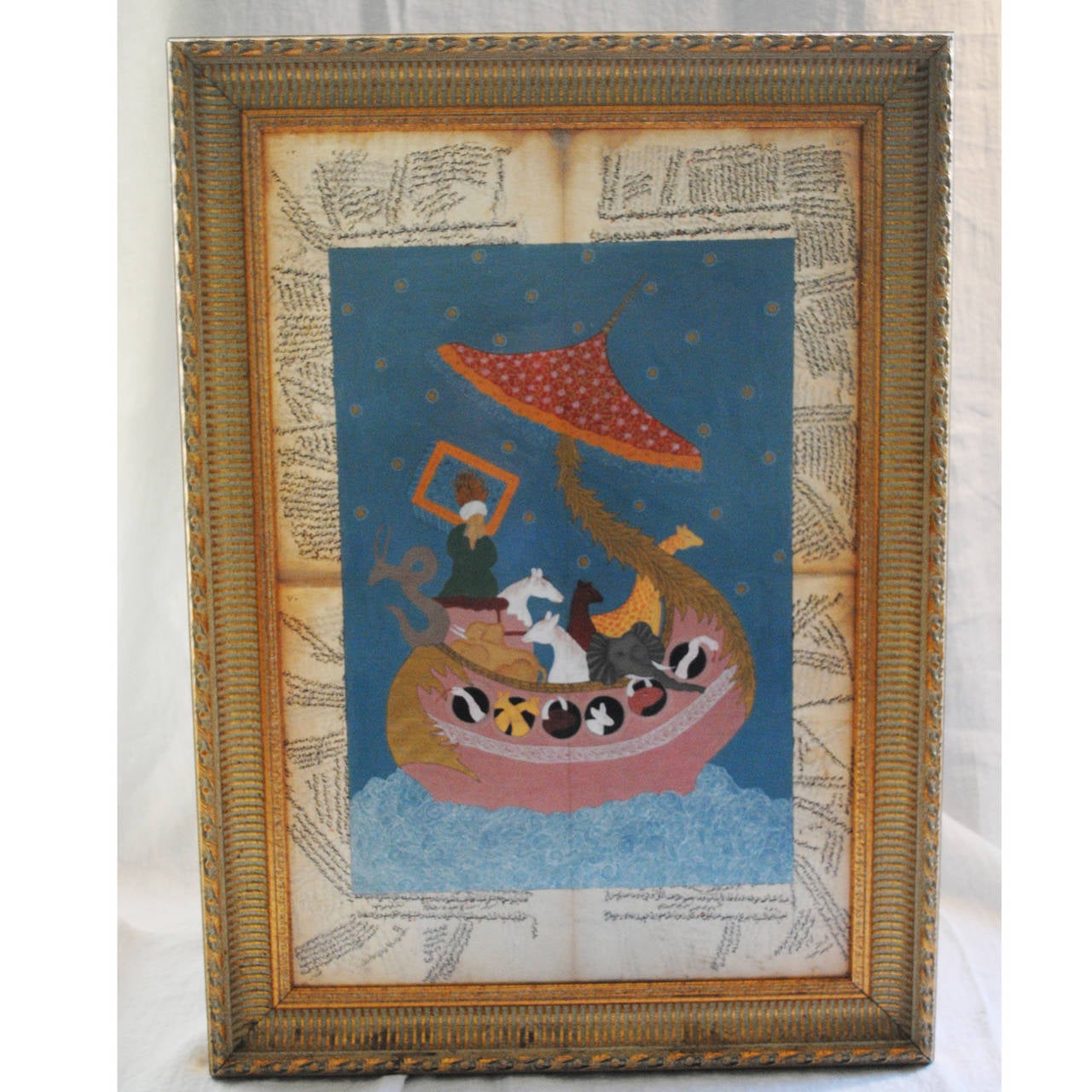 Four vintage papers with Arabic writing, covered partially with an adorably unique painting of Noah's Ark. The writing has been partially translated, and reads a combination of religious prayers and love letters. In original frame. Clear on the