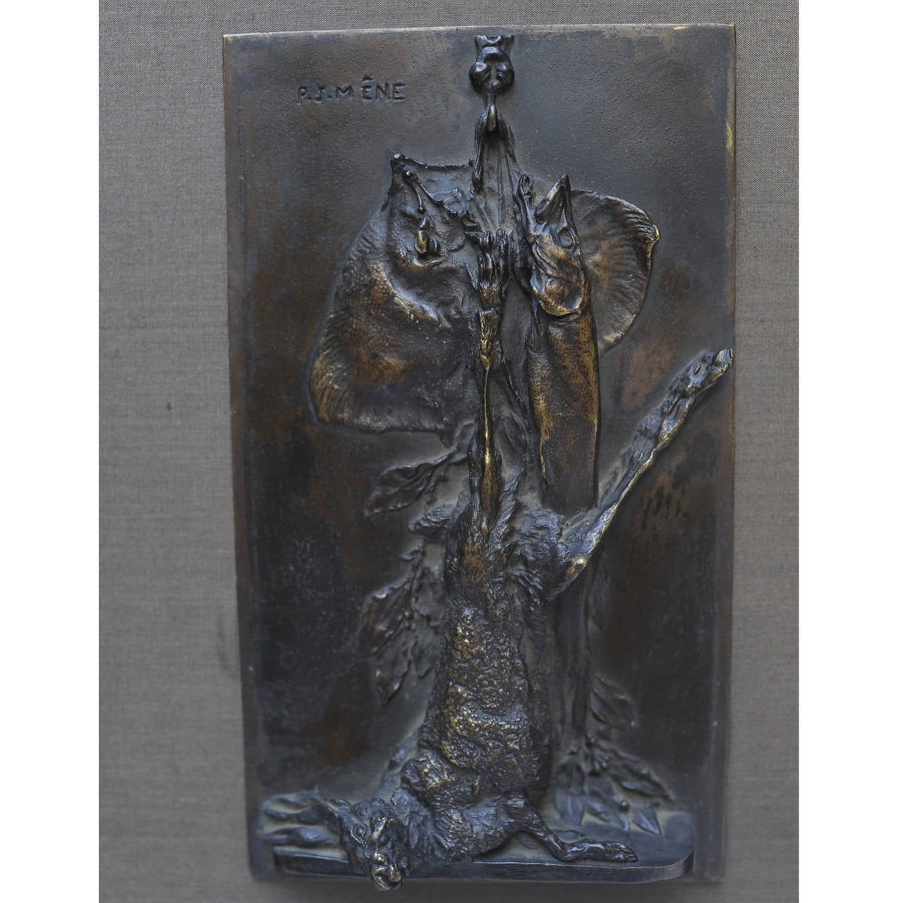 French P.J. Mêne Bronze Plaque Hare and Fish For Sale