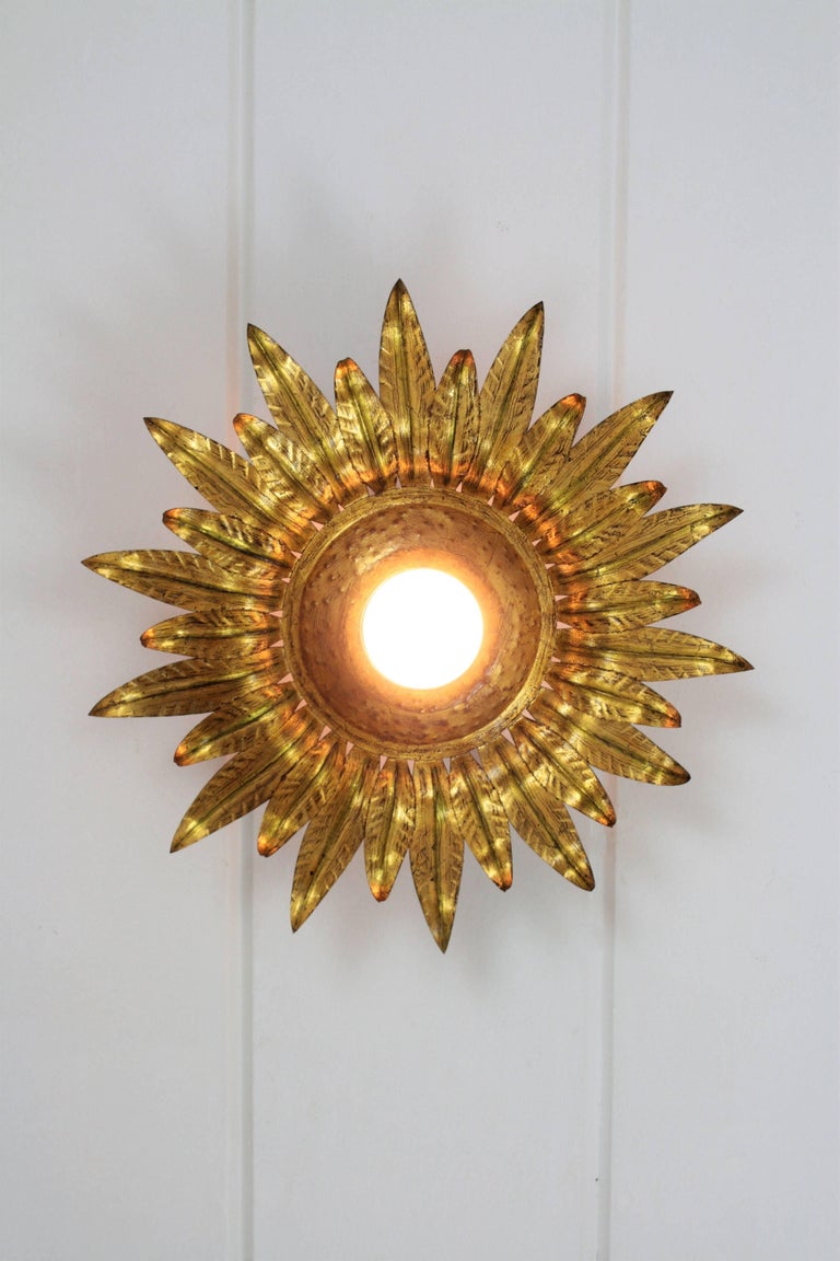 Gilt Metal Sunburst or Flower Burst Light Fixture with Green Accents
