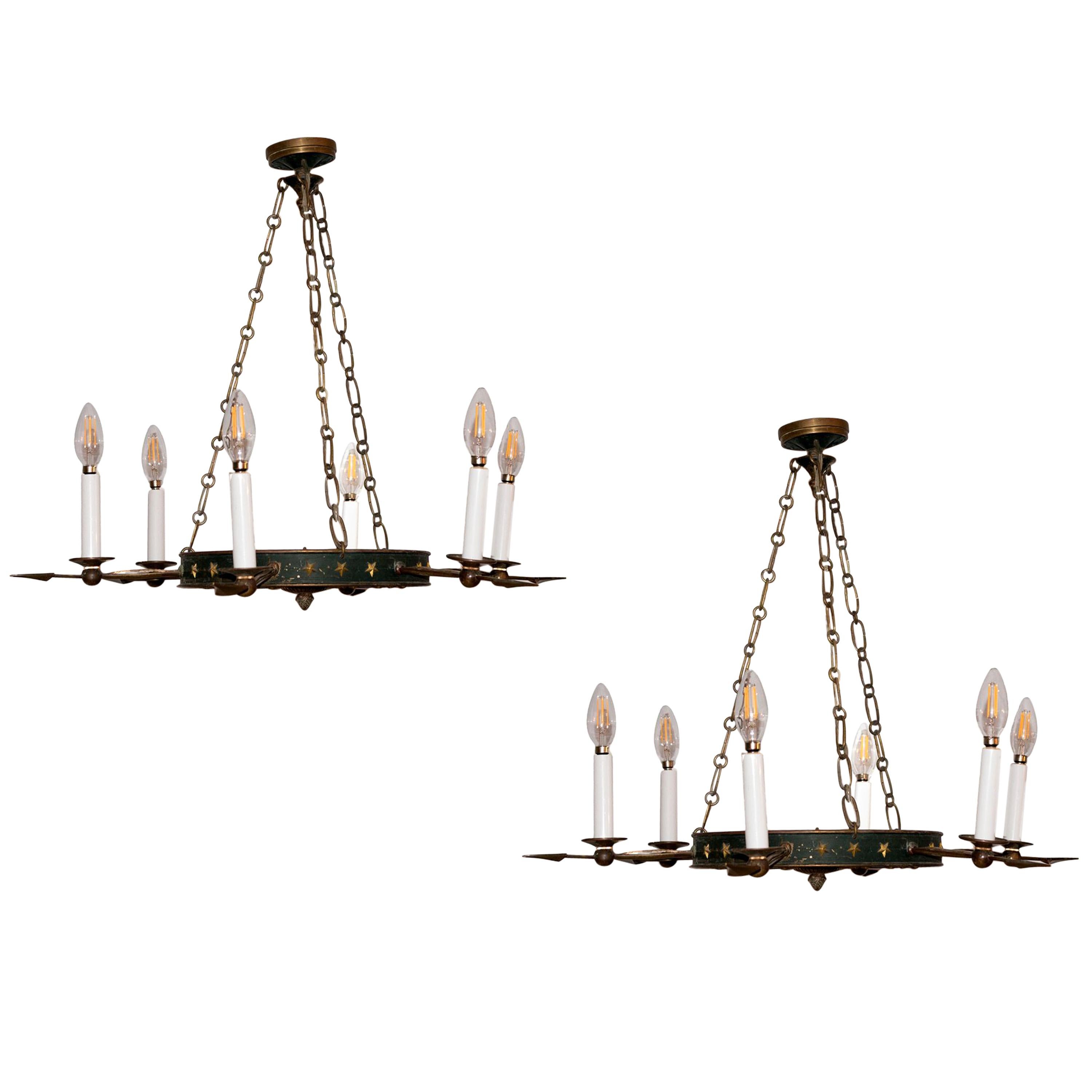 Pair of Tole and Bronze Painted Chandeliers, Will Sell Separately