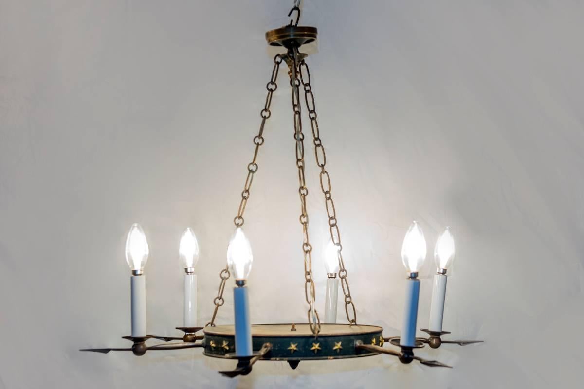 French Pair of Tole and Bronze Painted Chandeliers, Will Sell Separately