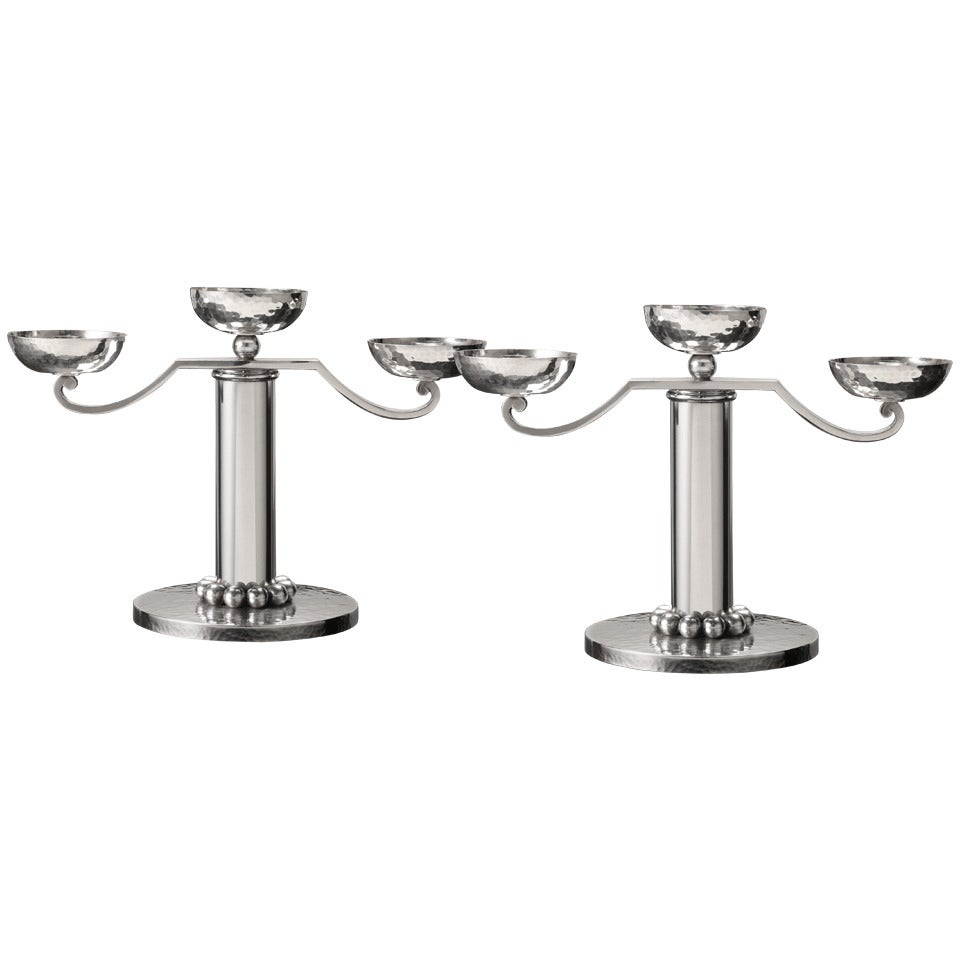 Pair of Jean Despres Modernist Three-Light Cylindrical Candelabra For Sale