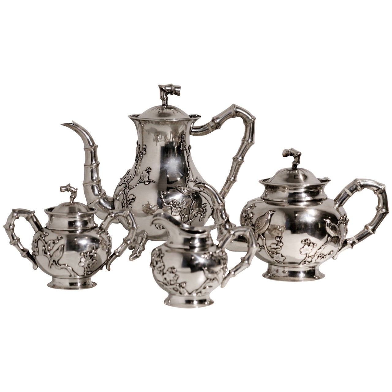 Japanese Art Nouveau Style Silver Tea and Coffee Set Floral Decorated with Birds For Sale