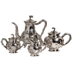 Antique Japanese Art Nouveau Style Silver Tea and Coffee Set Floral Decorated with Birds