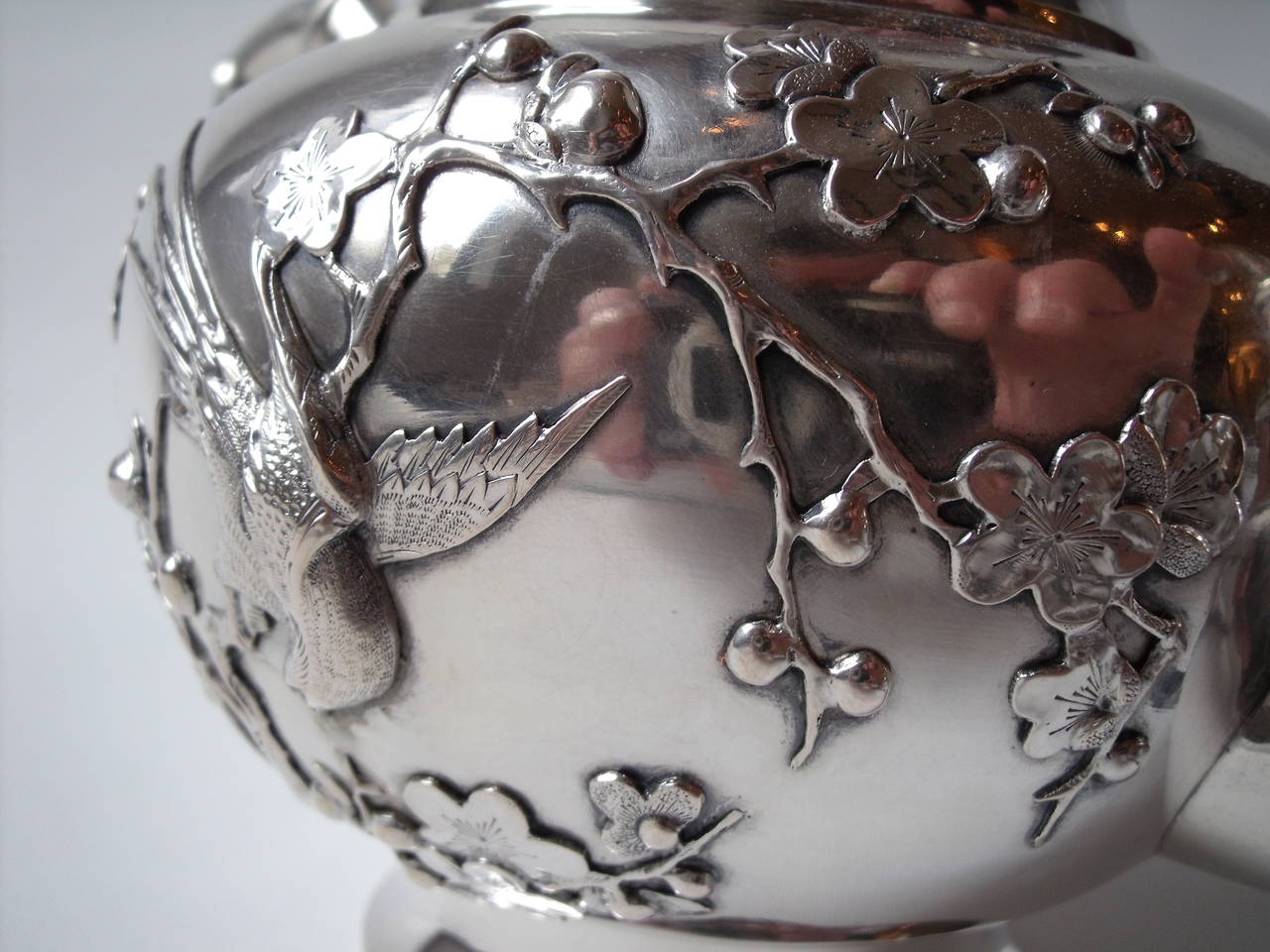 Japanese Art Nouveau Style Silver Tea and Coffee Set Floral Decorated with Birds For Sale 3