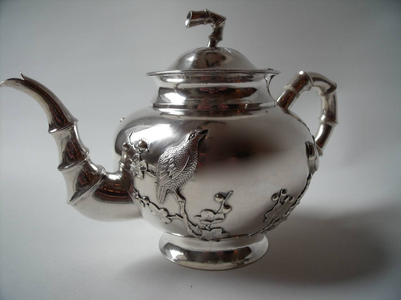 Late 19th Century Japanese Art Nouveau Style Silver Tea and Coffee Set Floral Decorated with Birds For Sale