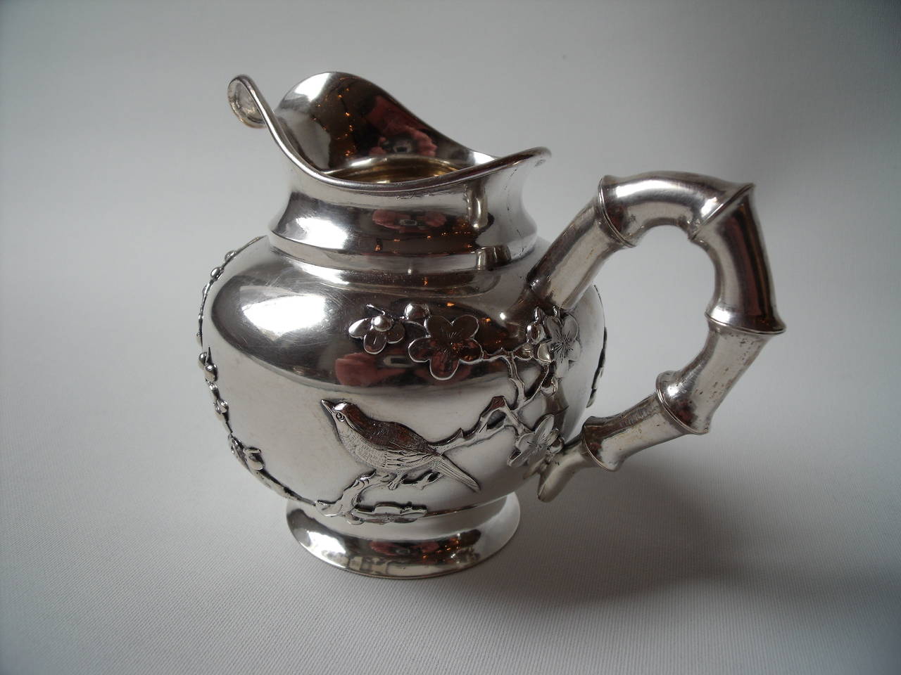Japanese Art Nouveau Style Silver Tea and Coffee Set Floral Decorated with Birds For Sale 1