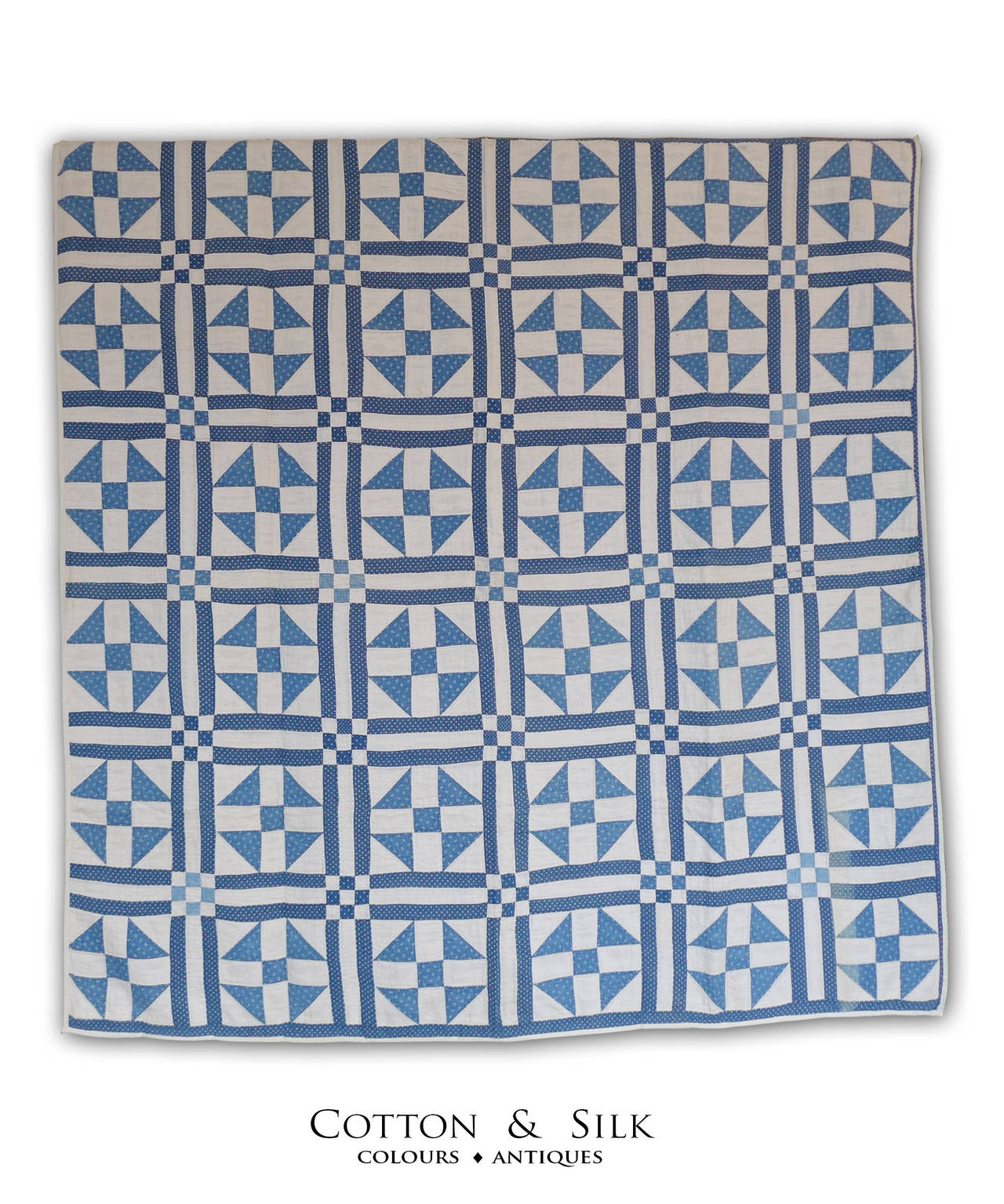 Beautiful blues in an antique pattern are making an magnificent quilt. Forms Nine-Patch in the Intersections