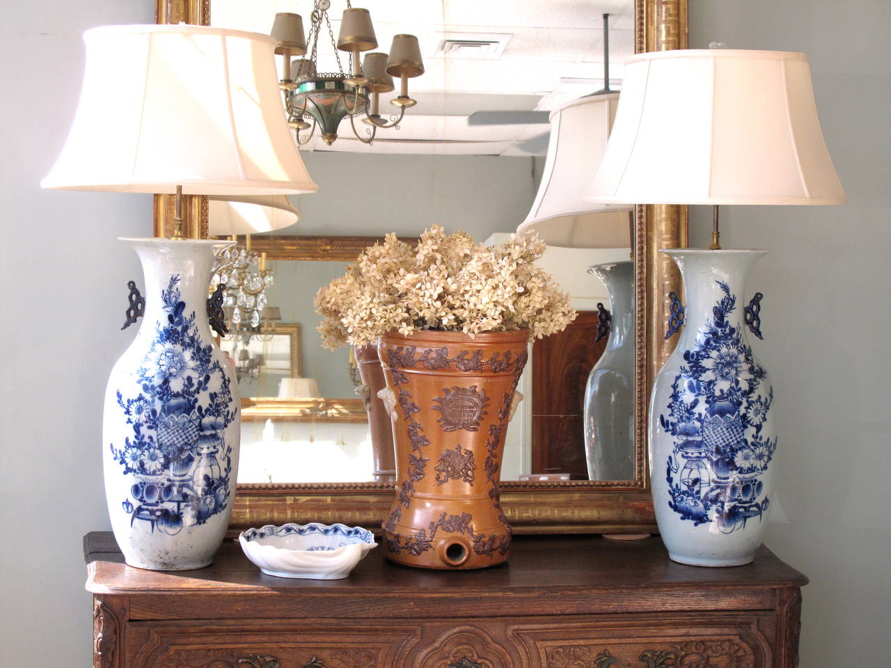 Pair of Oversize Chinese Blue and White Decorated Lamps