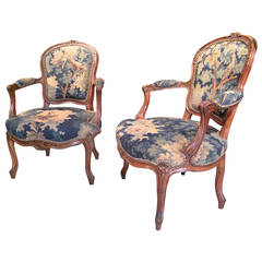 Antique Pair of Verdure Tapestry Upholstered French Beechwood Fauteuils