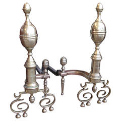 Pair of  Large English Scroll Footed Double Lemon Top Andirons