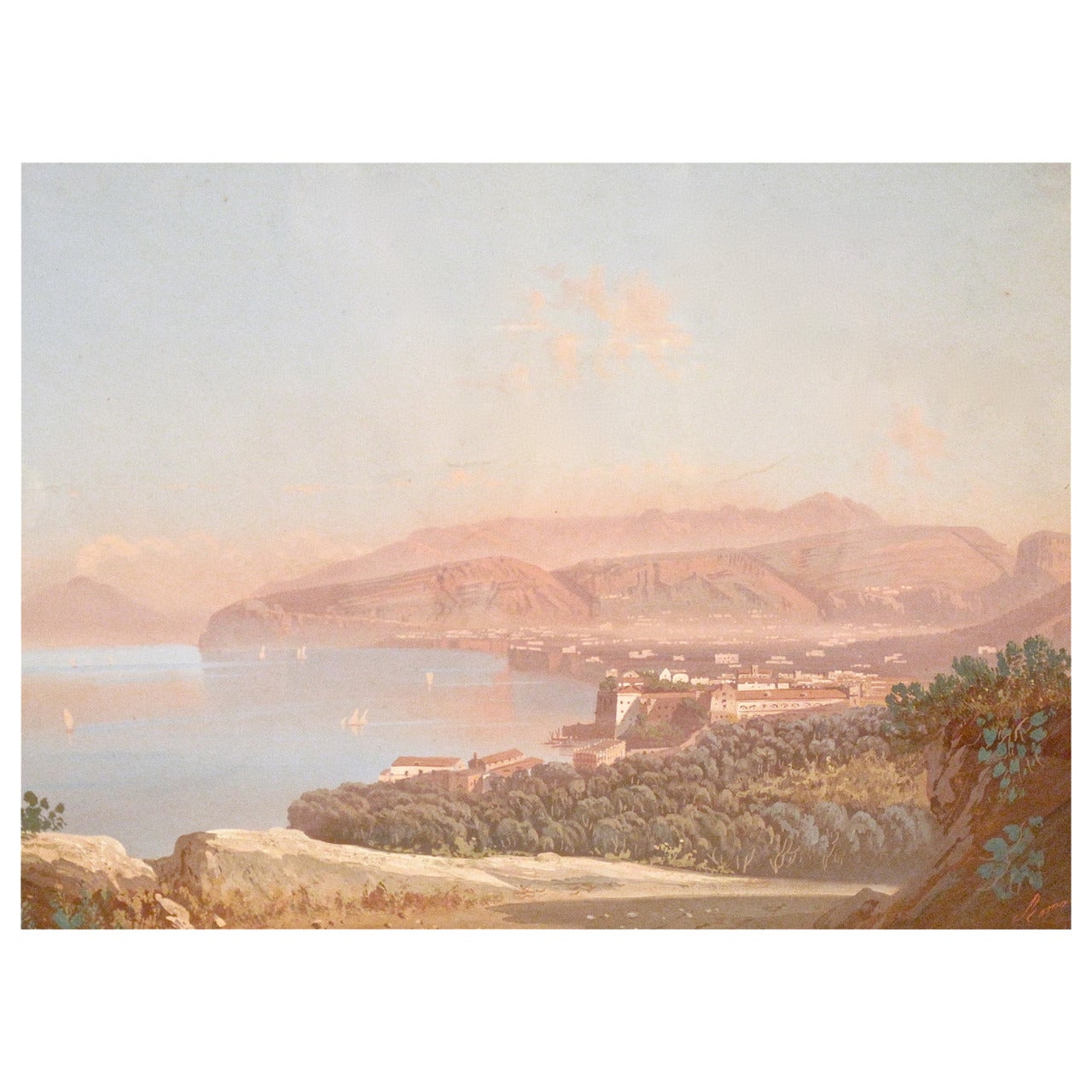 “View of the Bay of Naples, ” Italian Gouache Painting For Sale
