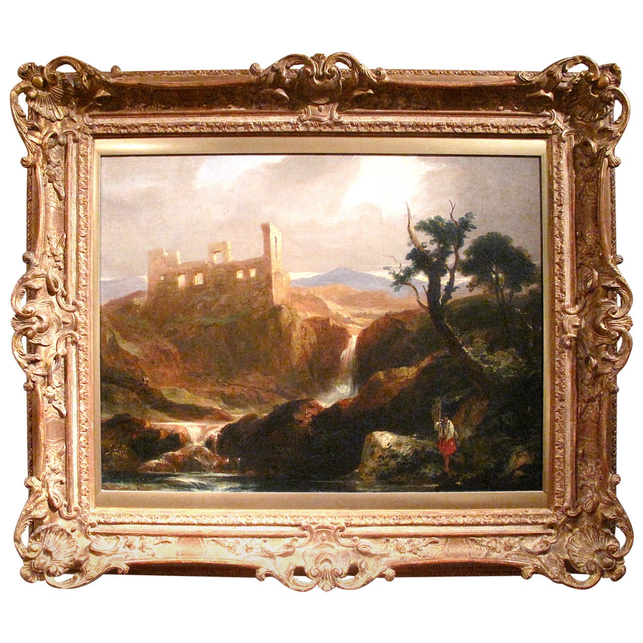 “Landscape with Sunlit Castle in Ruins, ”  in the Manner of Sidney Richard Percy For Sale