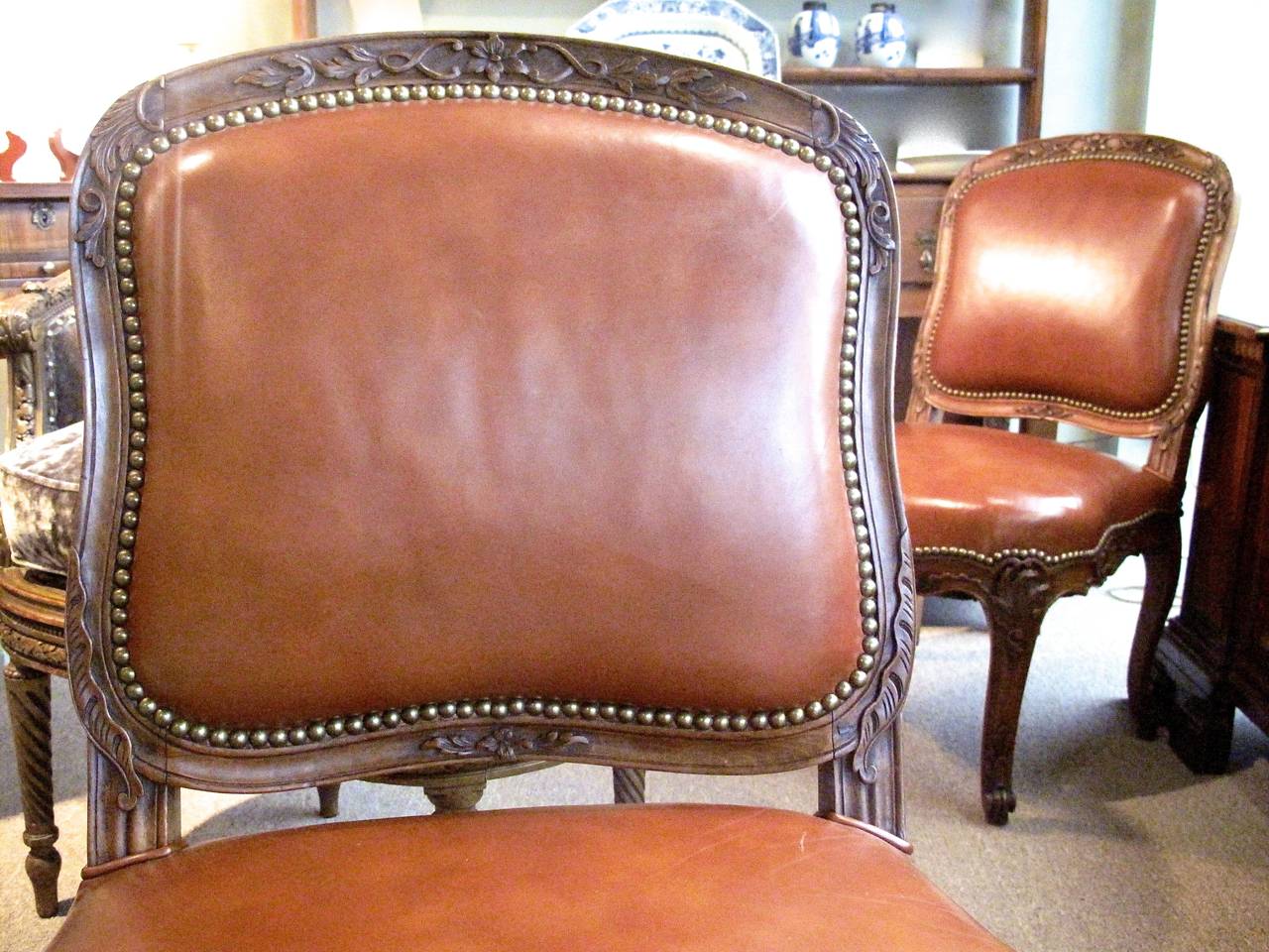 Beech Pair of French Louis XV Style Leather Slipper Chairs by Alavoine et Cie For Sale