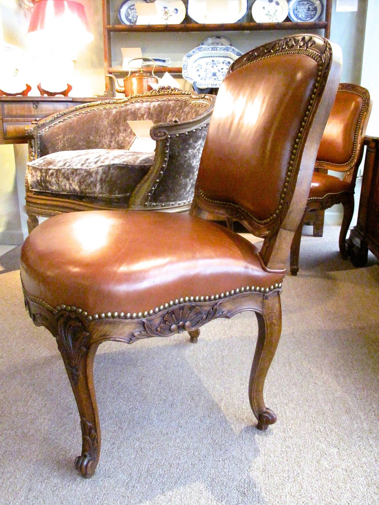 Pair of French Louis XV Style Leather Slipper Chairs by Alavoine et Cie In Good Condition For Sale In Charlottesville, VA