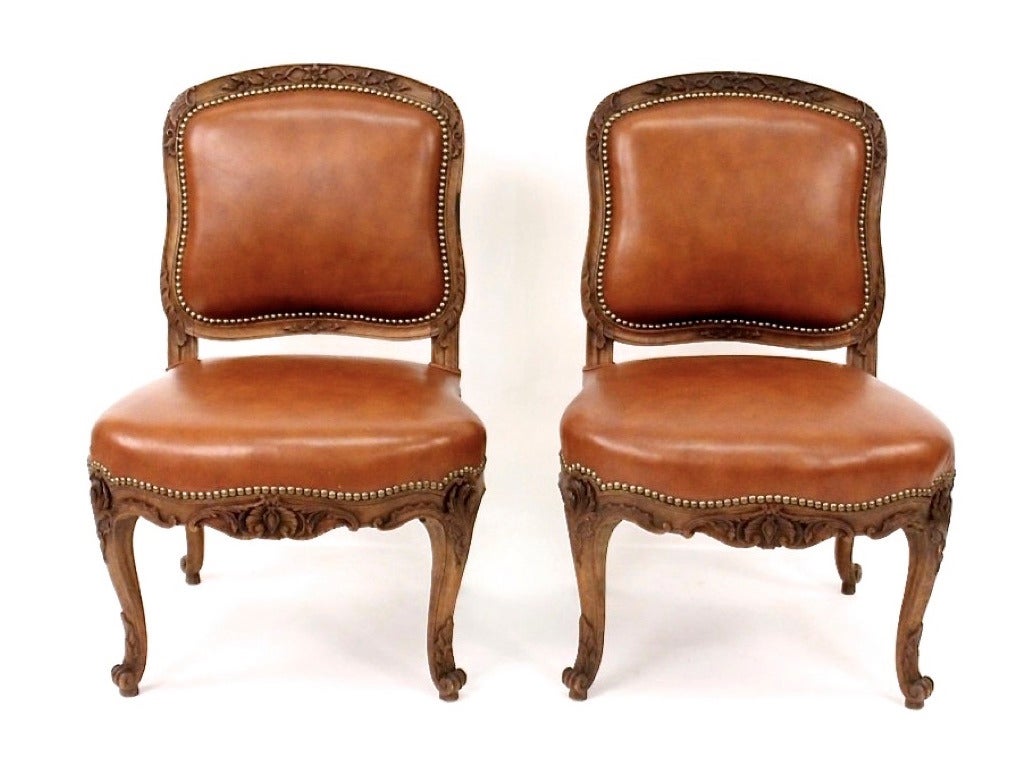 Pair of French Louis XV Style Leather Slipper Chairs by Alavoine et Cie