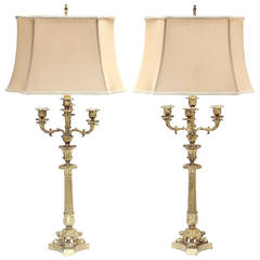 Pair of French Charles X Style Gilt Bronze Candelabra Lamps, 19th Century