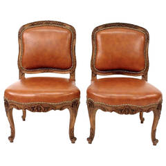 Antique Pair of French Louis XV Style Leather Slipper Chairs by Alavoine et Cie