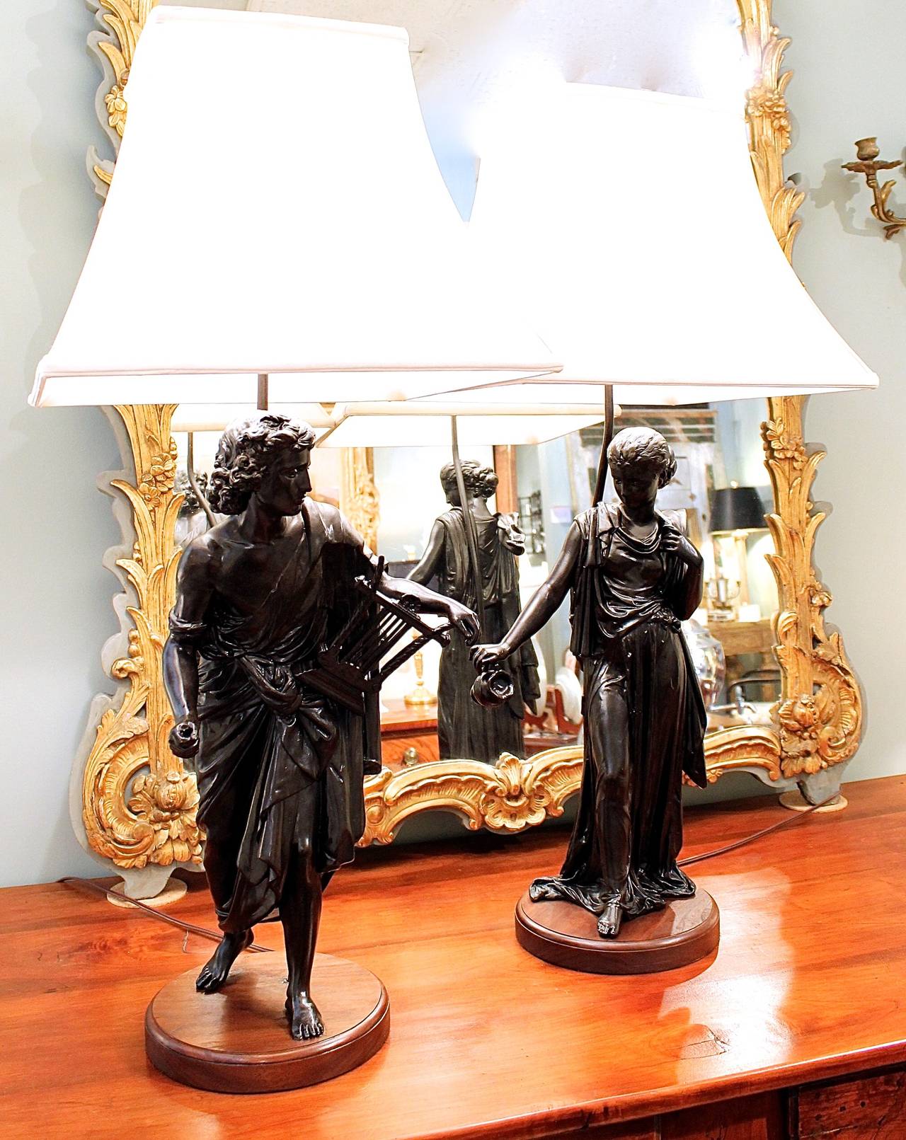 Pair of French Figural Lamps on Walnut Plinths In Good Condition For Sale In Charlottesville, VA