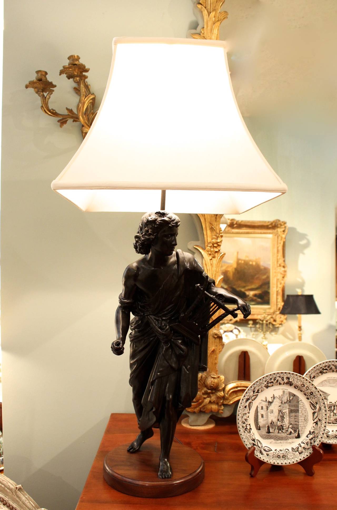 Pair of French Figural Lamps on Walnut Plinths For Sale 2